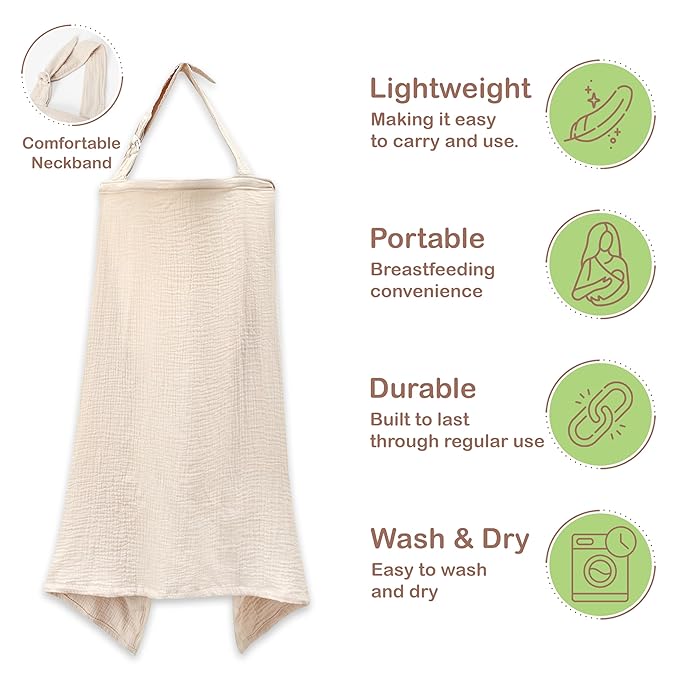 Premium Organic Breathable Muslin Nursing Cover for Breastfeeding - Privacy Breast Feeding Covers for Women - Multi-Use Nursing Cover Up - Soft & Lightweight Breastfeeding Covers (Ivory)