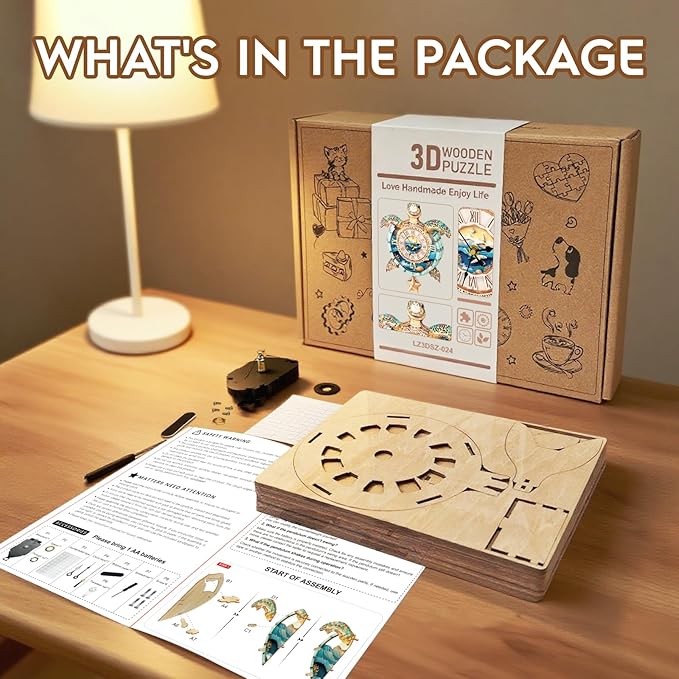 wudhank 3D Puzzle for Adults Clock - Sea Turtle Clock Design Model Kit-Mechanical DIY Pendulum Clocks with Roman Numerals-Desk Home Office Decor Personalized Gift for DIY Lovers