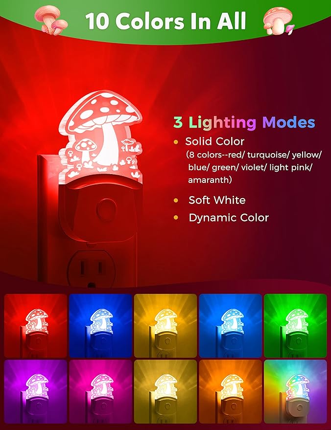 Mushroom Night Light [2 Pack], Plug in Lamp, 8 Color Changing LED Night Lights for Adults Kids Baby Children NightLight Wall Mushroom Decor Lamp for Bedroom Bathroom,Toilet,Stairs,Kitchen,Hallway