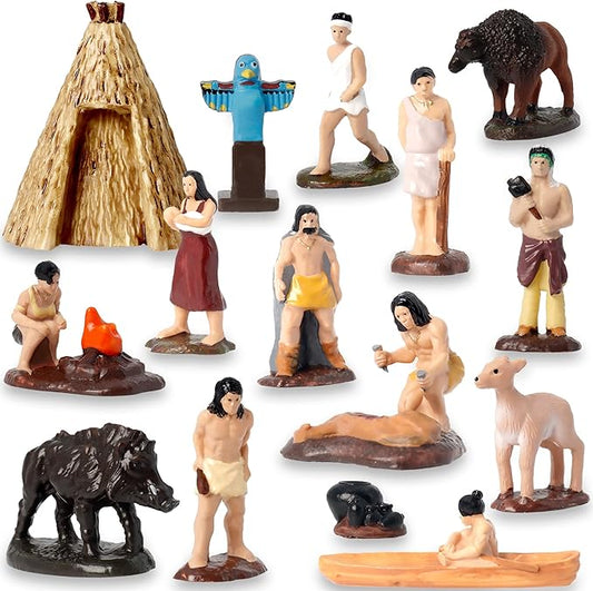 Hiawbon 15Pcs American Indian Figurines Set, Miniature Indian Figurines with Accessories, Resin American Indians Figures Play Figure Playsets for 3+ Years Old