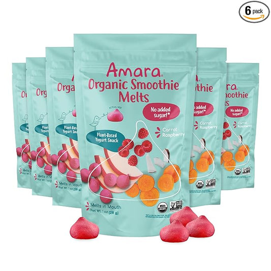Amara Smoothie Melts - Carrot Raspberry - Baby Snacks Made With Fruits and Vegetables - Healthy Toddler Snacks For Your Kids Lunch Box - Organic Plant Based Yogurt Melts - 6 Resealable Bags