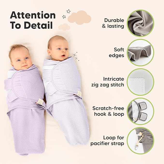 3-Pack Organic Swaddles for Newborns, Baby Sleep Sacks 0-3 Months - Baby Swaddle Wrap, Newborn Wearable Blanket, Infant Sleep Sack for Girls, Boys, Soft & Snug, Large Hook & Loop Closure (Soft Lilac)