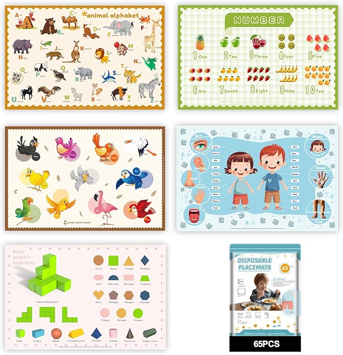 65 Pack Sticky Disposable Placemats for Baby & Toddlers,Toddler Placemat 12"x18" Kids Table Mat for Party, Picnic Table, Restaurants Dining Table Travel Essentials for Toddlers with 5 Designs