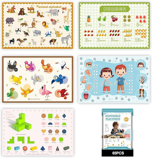 65 Pack Sticky Disposable Placemats for Baby & Toddlers,Toddler Placemat 12"x18" Kids Table Mat for Party, Picnic Table, Restaurants Dining Table Travel Essentials for Toddlers with 5 Designs