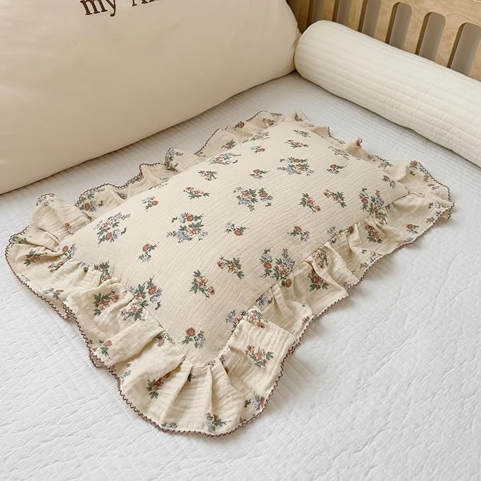 BuLuTu 2 Layers Muslin Toddler Pillowcases Fits for Crib Cot Cradle, Cotton Floral Pillow Cases for 1 2 3 4 5 6 Years Old Girls Boys, Envelope Travel Toddler Pillow Cover Protector with Ruffles