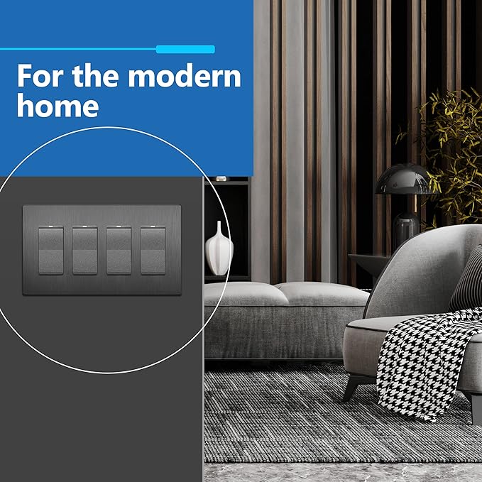 LIDER Brushed Finish Decorator Switch Cover, Screwless Wall Plate, Mid-Size 4-Gang 4.88" x 8.58", Unbreakable Polycarbonate Thermoplastic, UL Listed, LSWP-34M-BSG, Brushed Space Gray