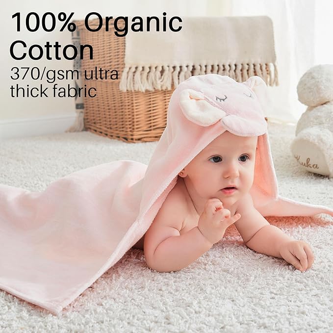 Viviland 2 Pack Hooded Baby Towels, Soft 100% Cotton Baby Bath Towels with Hood, Extra Thick and Absorbent, Essential for Newborns, Kids, Infants - Girls and Boys (Pink Elephant & Dog)