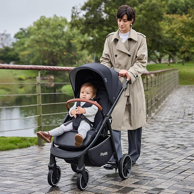 Tinyiota Baby Stroller for Kids,Toddler Stroller with Large UPF 50+ Canopy,Luxury Strollers with Leather Handle & Spacious Seat, One-Hand Foldable Pushchair,Baby Carriage with Lie-Flat Mode(Black)