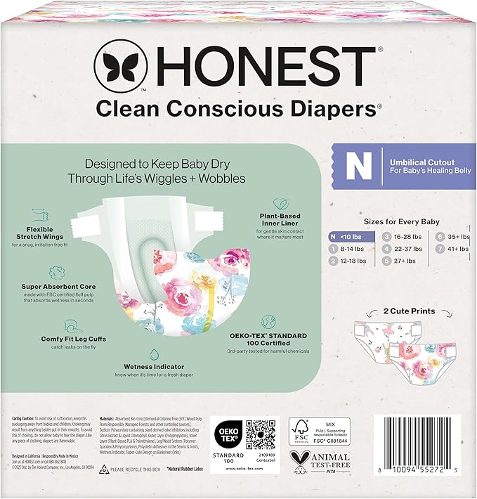 The Honest Company Clean Conscious Diapers for Delicate Skin, Up to 100% Leakproof Hypoallergenic Fragrance-Free Baby Diapers, Girl Prints, Club Box, Size Newborn, 72 Count (Prints May Vary)