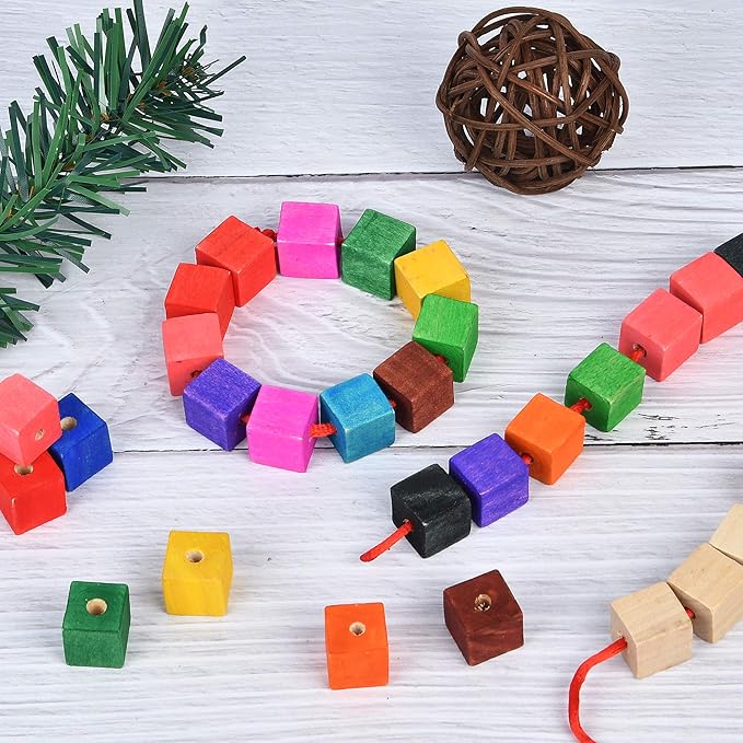 Supkiir Wood Craft Cubes - 100 Pack 1/2" Cubes with Holes, Unfinished Solid Beads Blocks for DIY Projects