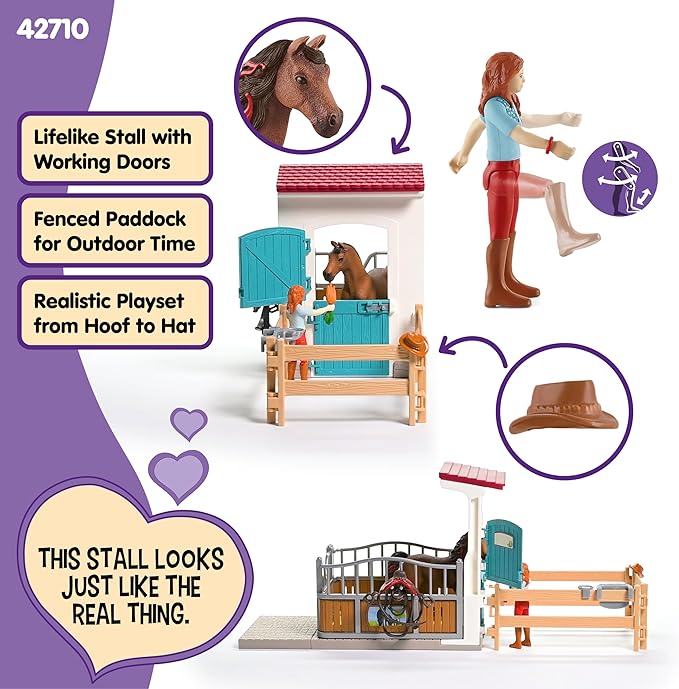 Schleich Horse Club - 25PC Hannah and Cayenne Horse Toy Stall Playset with Accessories - Customizable Stable Name Tag - Realistic, Posable Rider and Pony Toys for Girls and Boys - Kids Ages 5+ - 42710