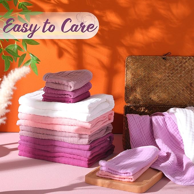 VitalCozy 12 Pcs Baby Muslin Hooded Bath Towels and Washcloths, 32 x 32 Inch Muslin Cotton Hooded Baby Towels Absorbent Hooded Blankets for Gift Newborn Infant Shower (Pink Purple Series)