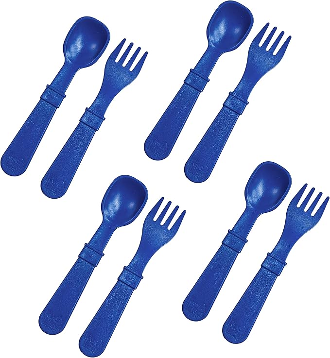 Re-Play Toddler Forks and Spoons Set - 4x4 Utensils Set for Kids - Dishwasher and Microwave Safe - Made in USA - Pack of 8 - Navy Blue