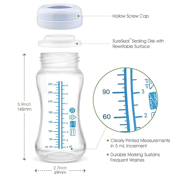Maymom Wide-Mouth Milk Storage Collection Feeding Bottle with Nipple, Dome Cap, Bottle Top, SureSeal Disk; Compatible with Spectra/Luna Pumps; 4.7oz/140mL, 2pc & 9oz/280mL, 2pc