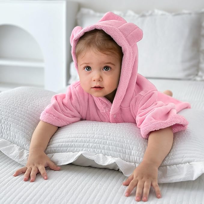 VOOVA & MOVAS Baby Hooded Towel with Bear Ear,0-3Years | 100% Cotton, Ultra-Soft & Absorbent | Gentle for Sensitive Skin, Bath, Pool & Beach Robe | Newborn (Pink)
