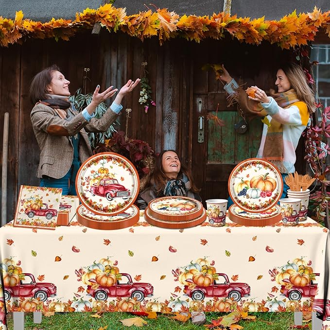 142Pcs Fall Party Plates and Napkins Party Supplies, Autumn Pumpkin Leaves Tableware Set with Cups,Banner,Pumpkin Tablecloth for Fall Harvest Party Thanksgiving Dinner Party Decorations, Serves 20