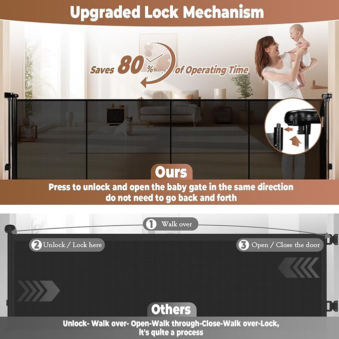 160" Retractable Baby Gate Extra Wide, 41" Tall Retractable Dog Gate for Stairs, Doorways, Decks, Mesh Gate Long Child Gate Pet Gate for Indoor, Outdoor, with Reinforced Mesh Rods, Dual Locks