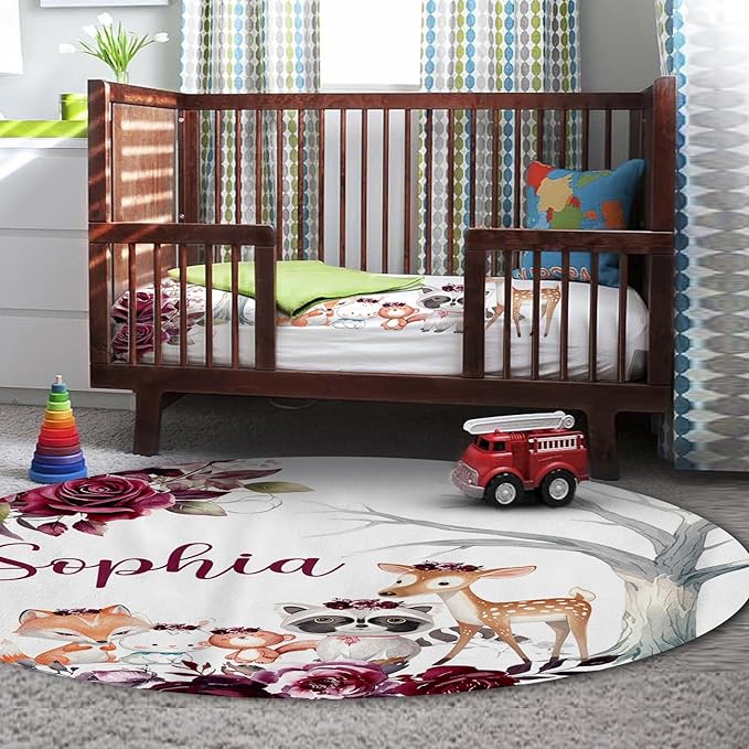 Personalized Baby Crib Bedding Set for Baby Girls, Rose Animal Pattern Custom Name 5-Pcs, Toddler Double Layer Blanket Fitted Sheets Changing Pad Cover Rug Wall Art Set