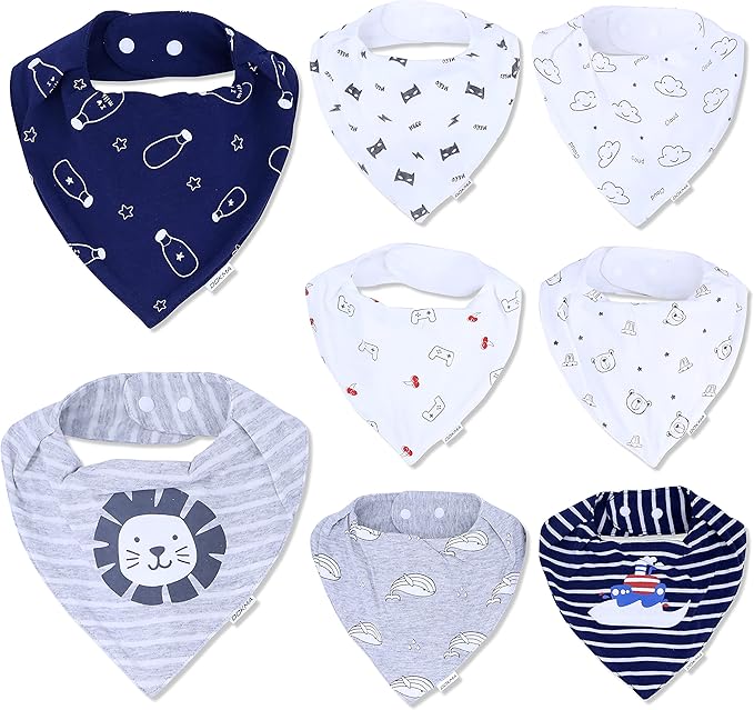 DOKMA Set 8 Organic Cotton Baby Drool Bibs - Bandana Teething Bibs for Baby - Bandana Drool Bibs - Ultra Soft, No Scratch