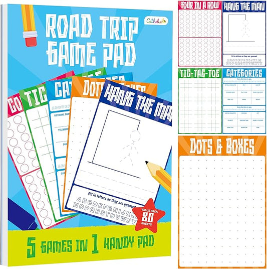Road Trip Game Pad, 80 Tear-Off Sheets 5 Classic Games in 1 Pad, Dots & Boxes, Tic-tac-Toe, Categories, Plane Travel, Car Trip Activity, Pen Pencil & Paper Game for Kids, Adults (4” x 6”)