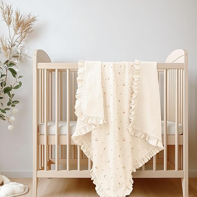Konssy Flounce Muslin Baby Blankets, Cotton Crib Blanket for Baby Infant Toddler, Super Soft and Lightweight Nursery Blankets 40"x36" (Moon)