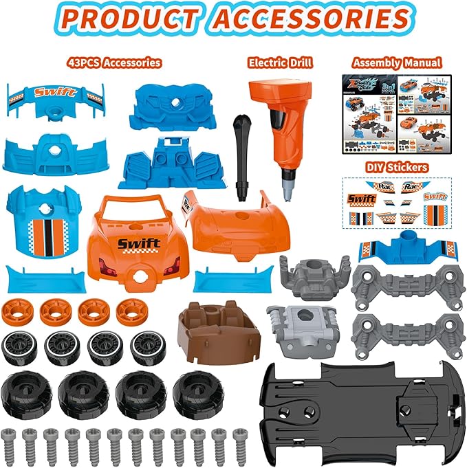 3-in-1 Take Apart Car for Boys Ages 3 4 5 6 7, Building Toys with Electric Drill, 43 Pcs Construction Toy Truck, Build Your Own Car with Play Tools, Ideal STEM Gift for Kids Children (Orange)