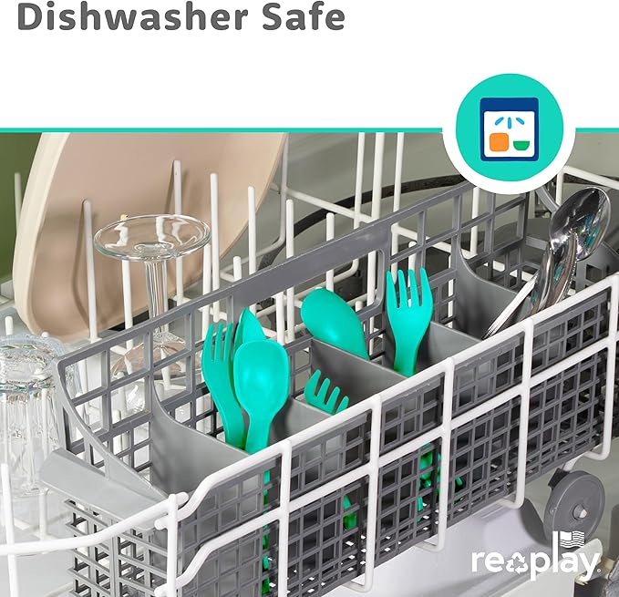 Re-Play Toddler Forks and Spoons Set - 4x4 Utensils Set for Kids - Dishwasher and Microwave Safe - Made in USA - Set of 8-5.8" x 1.2" x 0.2" - Aqua Asst