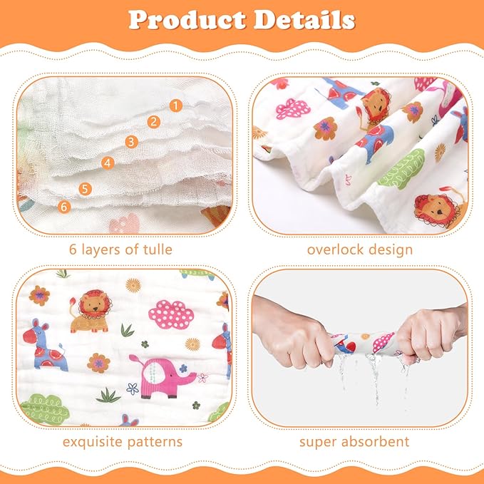 Baby Burp Cloths Muslin Washcloths 6 Pack Muslin Burp Cloths 100% Cotton Large 20''x12'' Soft 6 Layers Baby Burp Rags for Boys Girls Baby Essentials for Newborn Gift Machine Washable