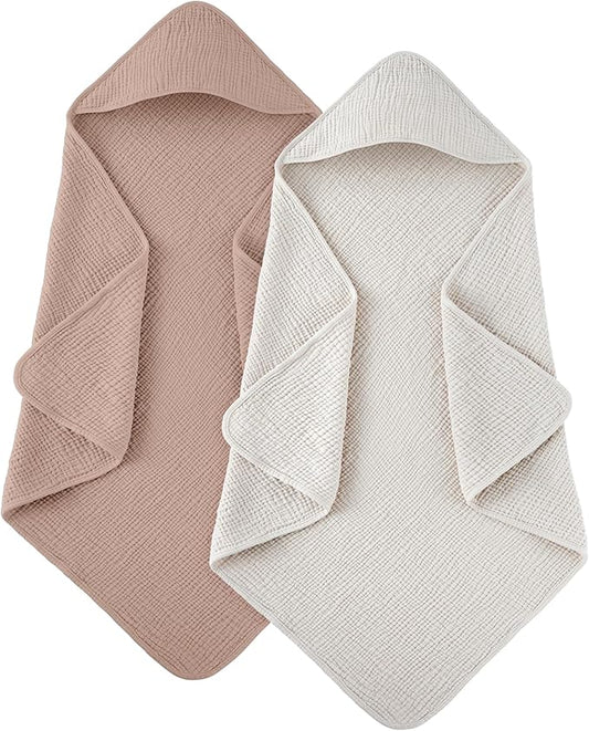 Susurration Hooded Baby Towels for Newborn 2 Pack 100% Muslin Cotton Towel for Babies，Highly Absorbent and Newborn Essential 30x30 Inch Cream&Sand