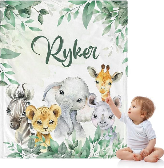 J&SBGFT Personalized Baby Blanket - Custom Baby Blanket with Name - Receiving Blankets for Toddler's Nursery, Stroller, Crib; Safari Animal