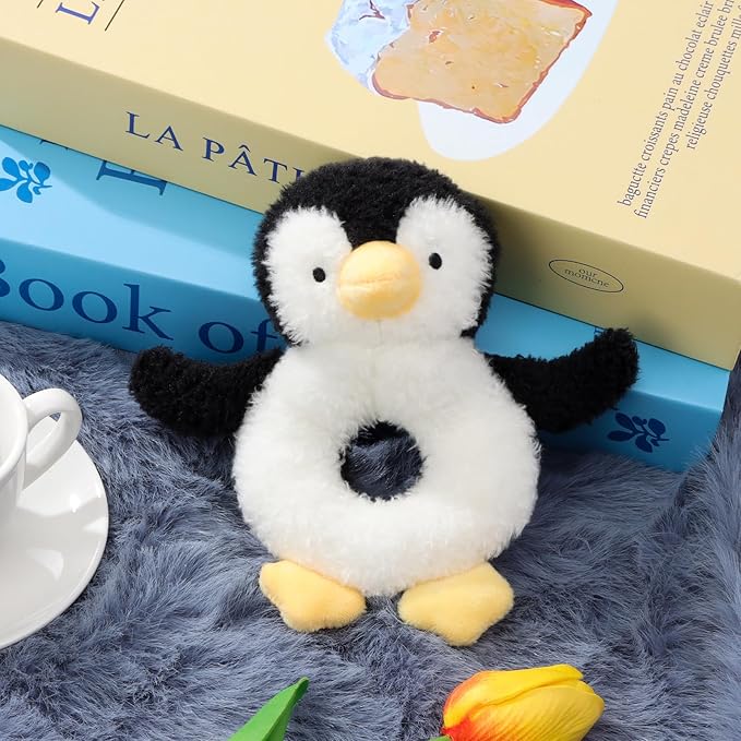 Apricot Lamb Baby Lovey Penguin Soft Rattle Toy, Plush Stuffed Animal for Newborn Soft Over 0 Months (Black Penguin, 6 Inches)