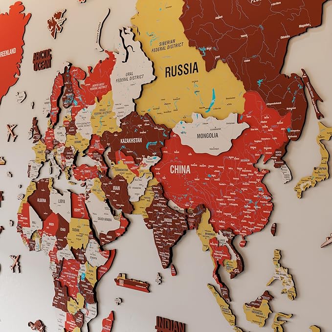 Colorfull Worlds 3D Wooden World Map Wall Art - Premium Multicolored World Travel Art for Wall Decor with Push Pins- Ideal Housewarming Gift & Travel Tracker (Large, Terracota)