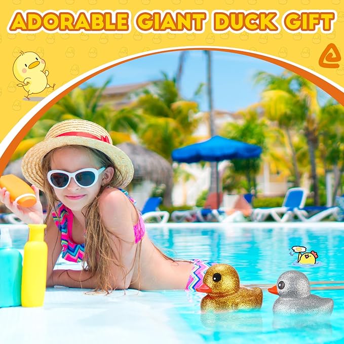 Honoson 2 Pcs 6.89 Inch Giant Glitter Rubber Ducks Big Sparkly Rubber Ducks Jumbo Bathtub Toys with Squeaky Sound for Baby Shower Pool Activity Birthday Gift(Glitter,Gold, Silver)