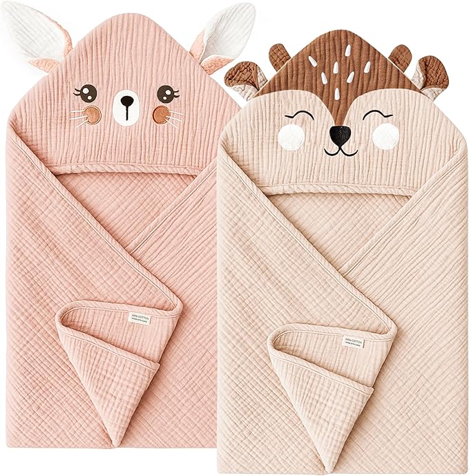 Konssy 2-Pack Muslin Baby Hooded Towels, 100% Cotton, Soft and Absorbent Baby Bath Towels for Newborn, Infant & Toddler with Animal Hooded Design(Bunny & Deer)