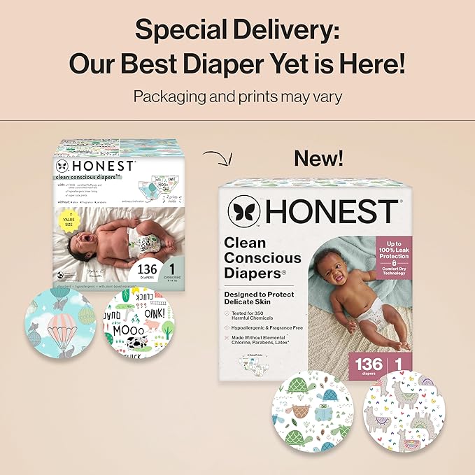 The Honest Company Clean Conscious Diapers for Sensitive Skin, Up to 100% Leakproof Hypoallergenic Fragrance-Free Baby Diapers, Gender Neutral Prints, Super Club Box, Size 1 (8–14 lbs), 136 Count
