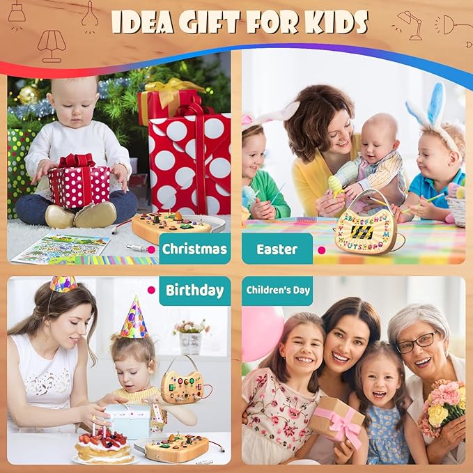 Montessori Wooden Busy Board for Toddlers with LED Light Lights & Switches,Portable Activity Board for Car & Airplane Travel Toys, Christmas & Birthday Gift for 1-3 Year Old Boys & Girls