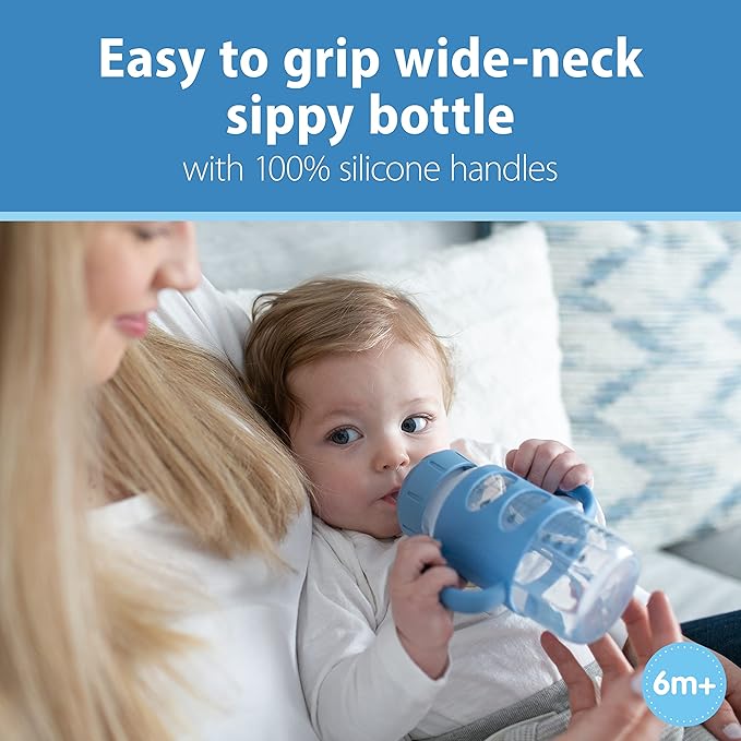 Dr. Brown's Milestones Wide-Neck Sippy Spout Bottle with 100% Silicone Handles, Easy-Grip Handles with Soft Sippy Spout, 9oz/270mL, Light-Blue & Gray, 2-Pack, 6m+