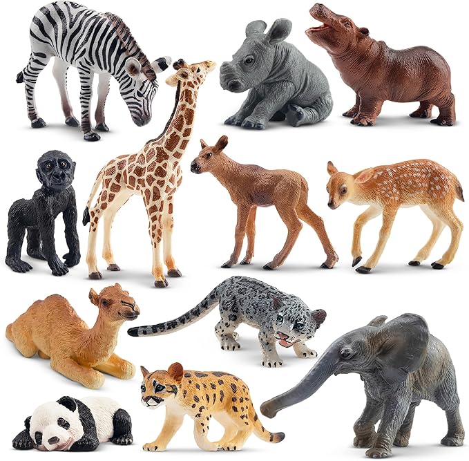 Toymany 12PCS Forest Animals Baby Figurines, Realistic Woodland Animals Figures Toys Includes Elephant, Mountain Lion, Giraffe and Deer Cubs, Cake Toppers Christmas Birthday Gift for Kids Toddlers