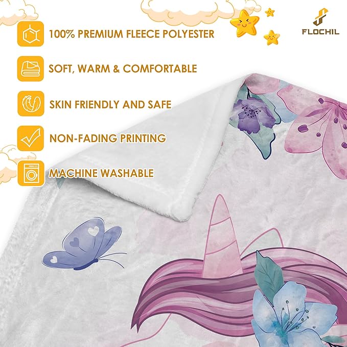 FLOCHIL Personalized Baby Blanket for Girls, Custom Baby Blanket with Name, Customized Baby Products, Gift for Baby, Newborn, Baby Shower (Unicorn)