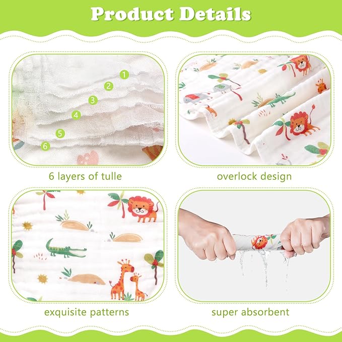 Baby Burp Cloths Muslin Washcloths 6 Pack Muslin Burp Cloths 100% Cotton Large 20''x12'' Soft 6 Layers Baby Burp Rags for Boys Girls Baby Essentials for Newborn Gift Machine Washable