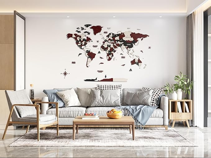 Colorfull Worlds 3D Wooden World Wall Art | Unique Wall Decor with Pins for Travel Enthusiasts | Home and Office Wall Décor | Burgundy | XLarge