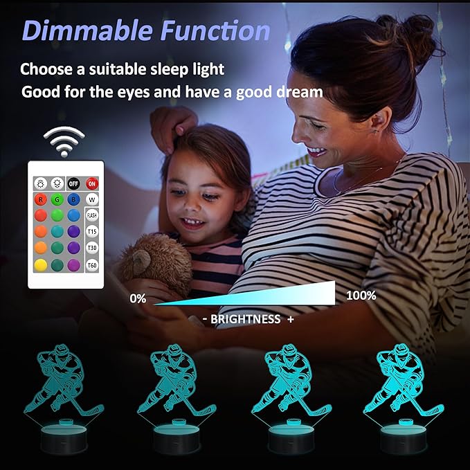 Hockey Gifts for Boy, 3D Illusion Lamp, 3D Hockey Night Light with 16 Colors Remote and Touch Control, Ice Hockey Decor for Kids Room, Boys Girls Birthday Gifts, FS-2810-9999