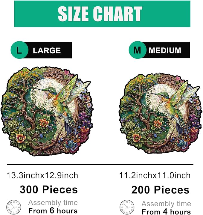Wooden Jigsaw Puzzle for Adults - Hummingbird Tai Chi Unique Animal Shaped, 11.2x11in, 200 Pieces, Zen Art, Challenging and Fun Gift