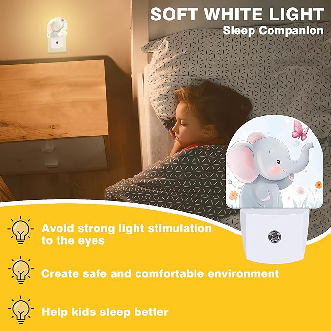 Floral Night Lights Plug into Wall Cute Elephant and Pink Butterfly Night Light Dusk to Dawn Smart Sensor Decorative Round Led Lamp for Bedroom Kitchen Hallway Nightlight for Women Men