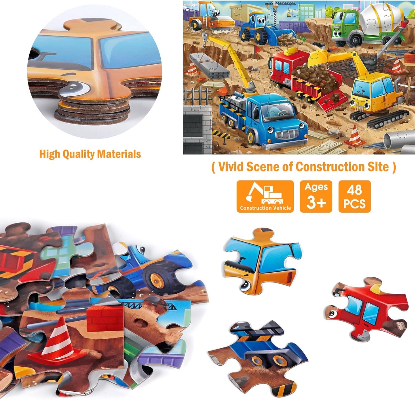 Jumbo Floor Puzzle for Kids,Construction Site Jigsaw Large Puzzles,48 Piece Construction Vehicle Puzzle for Toddler Ages 3-5,Children Learning Preschool Educational Toys,Gift for 4-8 Years Old