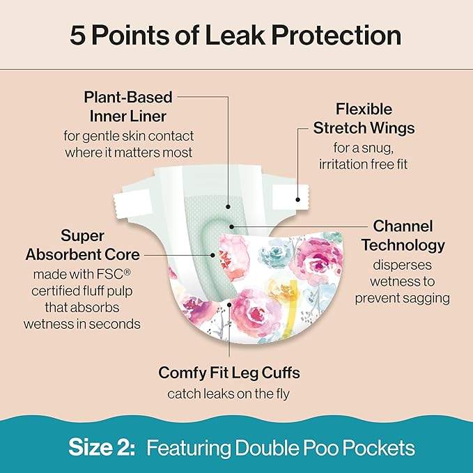 The Honest Company Clean Conscious Diapers for Delicate Skin, Up to 100% Leakproof Hypoallergenic Fragrance-Free Baby Diapers, Girl Prints, Club Box, Size 2 (12–18 lbs), 72 Count (Prints May Vary)