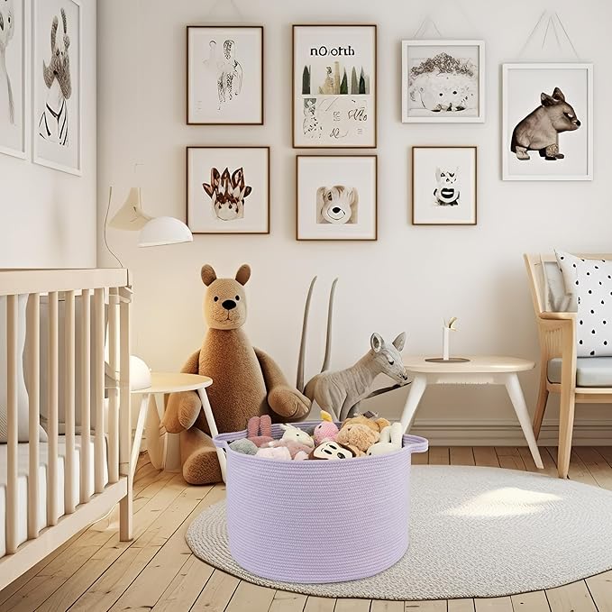Large Cotton Rope Basket Blankets Basket Living Room 22"x14" Toy Basket for Kids Rope Storage Basket for Nursery Woven Laundry Basket for Clothes Baby Toy Storage round purple or Lavendor