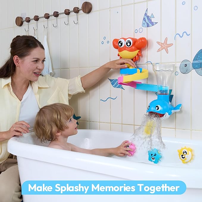 Bath Toys for Kids, 7-in-1 Shower Bathtub Toy with Crab, Whale, Rotating Fish & Slide Track, Interactive Water Play Set with Pour & Spray Fun for Toddlers, Boys & Girls Gifts for Christmas