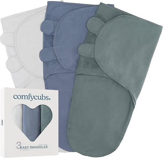Comfy Cubs Easy Swaddle Blanket, 3 Pack - 100% Cotton Newborn Wrap, Small for 0-3 Months Infants, with Adjustable Velcro, Breathable and Durable Sleep Sack for Babies - Stone, Nomadic Blue & Azul