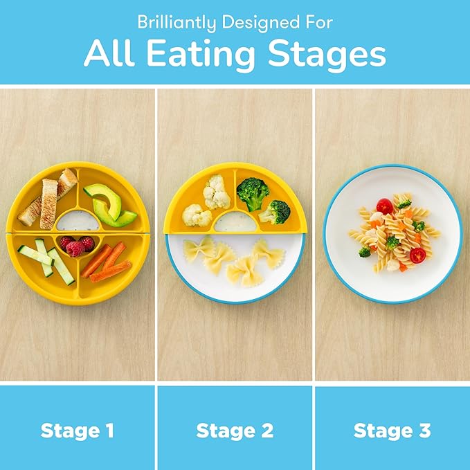 Omie® Easy Scoop Plates for Kids | Unique Design Helps Food Fall into the Spoon, Not on the Table | Made from Plants | 3 Plates + 2 Silicone Dividers | Blue